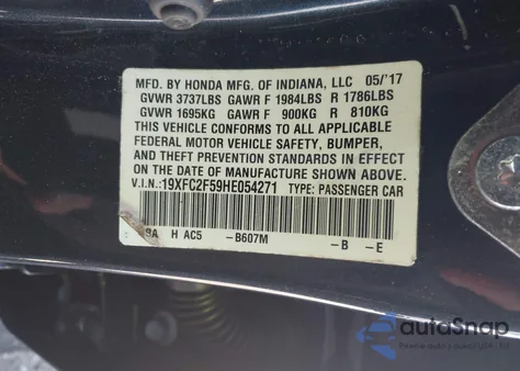2017 Honda Civic Lx из США, поврежденный, VIN 19XFC2F59HE054271